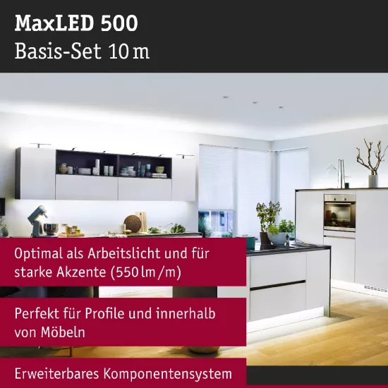 Paulmann 70908 MaxLED 500 LED Strip Smart Home Bluetooth Tageslichtweiß Basisset 10m 50W 550lm/m 6500K 75VA