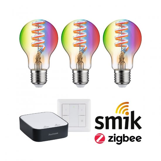 Paulmann 5192 Starterset Smart Home Zigbee 3.0 LED Birne Gateway + Filament 230V LED Birne E27 RGBW + Schalter