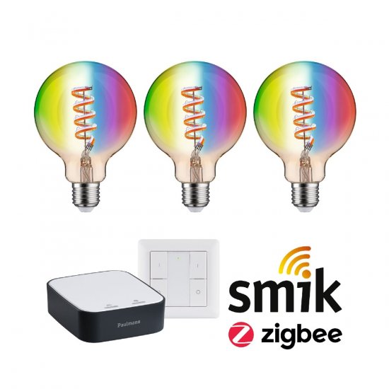 Paulmann 5193 Bundle Smart Home Zigbee LED Birne Filament G95 RGBW + Gateway + Schalter