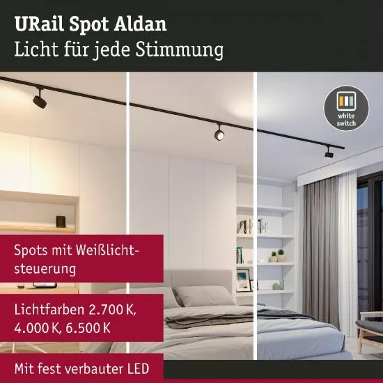 Paulmann 96771 URail LED Schienenspot Aldan Einzelspot 500lm 8W White Switch 230V Schwarz matt
