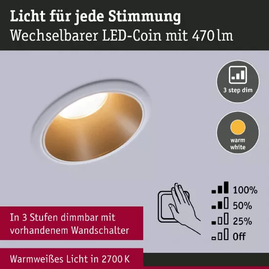 Paulmann 93405 Einbauleuchte LED Cole 6,5W Weiß/Gold matt 3-Stufen-dimmbar 2700K Warmweiß