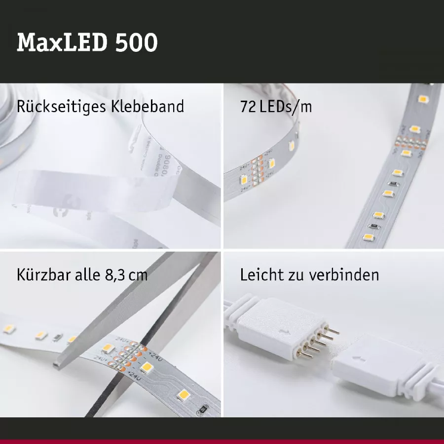 Paulmann 70908 MaxLED 500 LED Strip Smart Home Bluetooth Tageslichtweiß Basisset 10m 50W 550lm/m 6500K 75VA