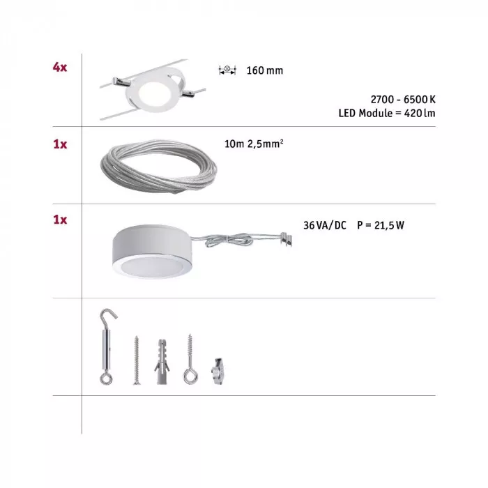 Paulmann 50107 LED Seilsystem Smart Home Bluetooth RoundMac Basisset 4x4W Tunable White dimmbar 230/12V Weiß matt