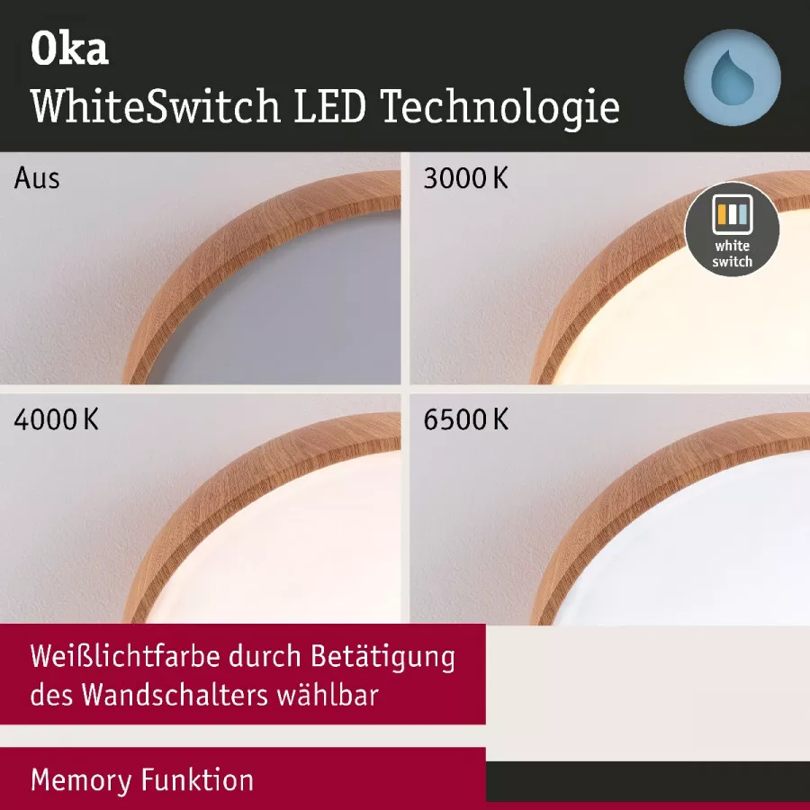 Paulmann 71083 Selection Bathroom LED Deckenleuchte Oka IP44 White Switch 950lm 230V 24W Holzoptik