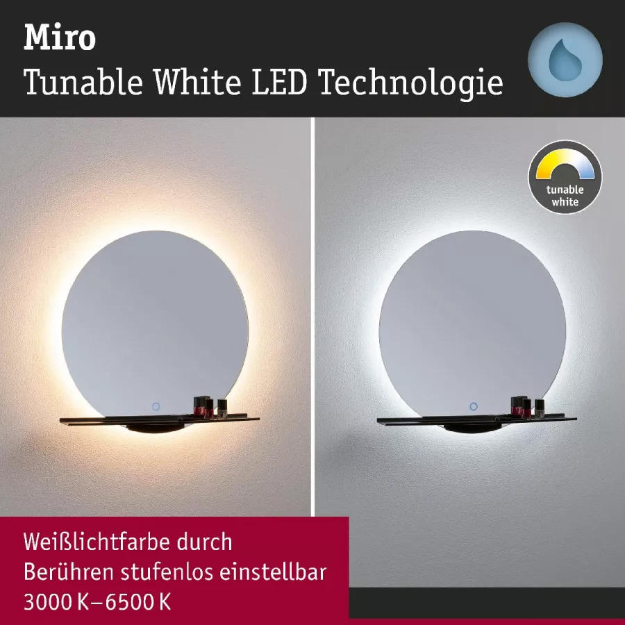 Paulmann 71091 LED Leuchtspiegel Miro IP44 Tunable White 500lm 230V 11W Spiegel/Schwarz matt