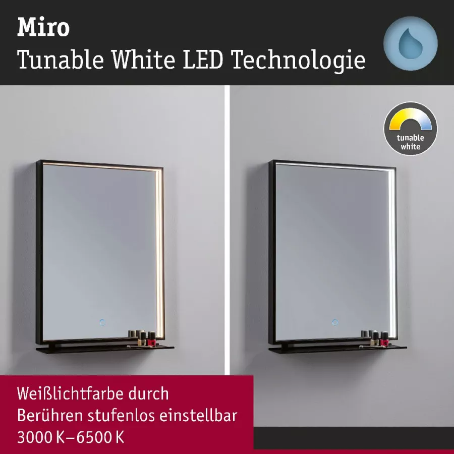 Paulmann 71093 LED Leuchtspiegel Miro IP44 Tunable White 180lm 230V 11W Spiegel/Schwarz matt