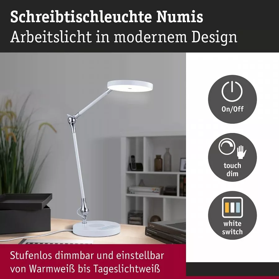 Paulmann 78011 LED Schreibtischleuchte Numis White Switch 1000lm 11W Weiß