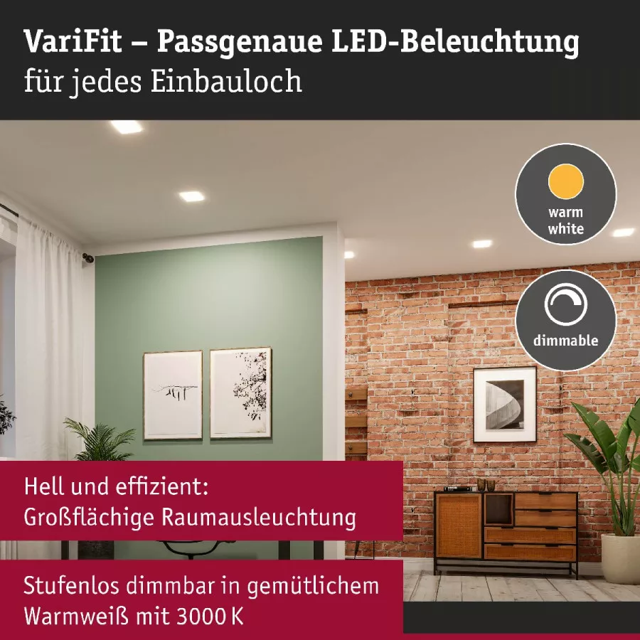 Paulmann 79948 VariFit LED Einbaupanel Veluna Edge IP44 eckig 160x160mm 1100lm 3000K Weiß dimmbar