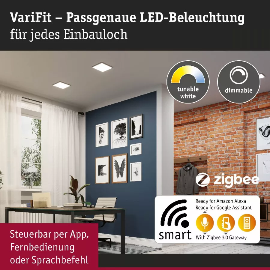 Paulmann 79966 VariFit LED Einbaupanel Smart Home Zigbee Areo IP44 eckig 175x175mm Tunable White Schwarz dimmbar