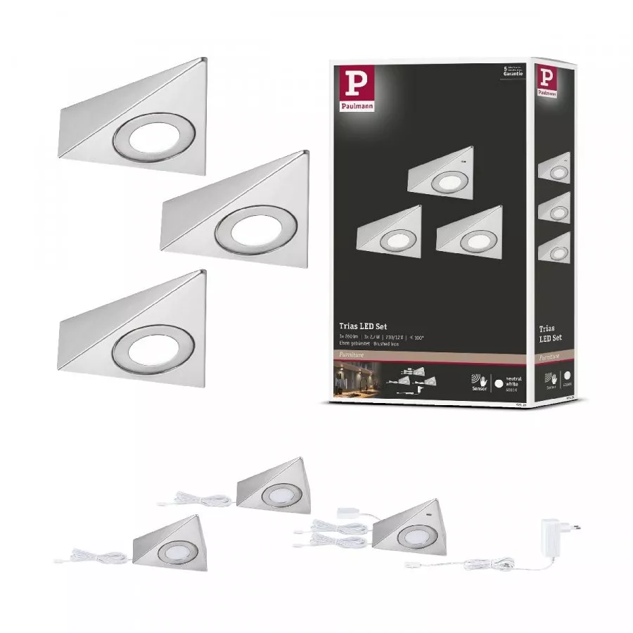 Paulmann 92126 LED Unterschrankleuchte Trias Näherungsensor 3er-Set 3x2,7W 135x132mm 3x185lm 4000K 230/12V Eisen gebürstet