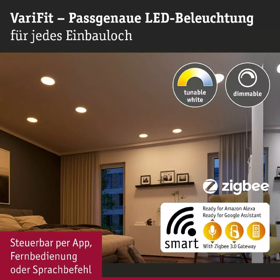 Paulmann 93046 Smart Home Zigbee LED Einbaupanel Areo VariFit IP44 rund 230mm 16W 3.000K Chrom matt Tunable White