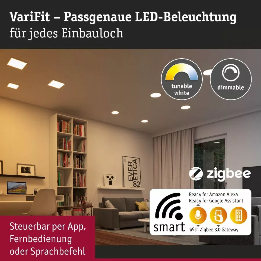 Paulmann 93047 Smart Home Zigbee LED Einbaupanel Areo VariFit IP44 eckig 175x175mm 13W 3.000K Weiß Tunable White