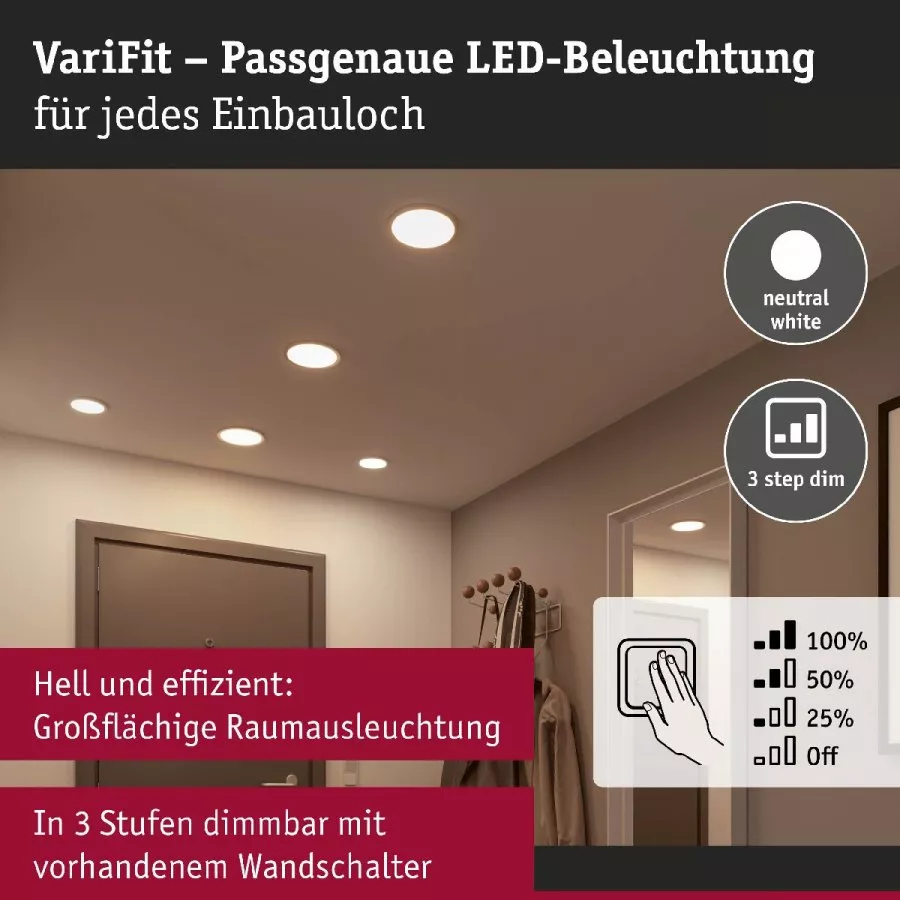 Paulmann 93056 LED Einbaupanel Areo VariFit IP44 3-Stufen-dimmbar 230mm 16W 4.000K Weiß