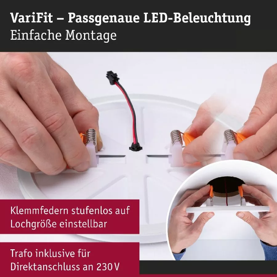 Paulmann 93061 LED Einbaupanel Veluna VariFit IP44 3-Stufen-dimmbar eckig 185x185mm 17W 3000K Satin