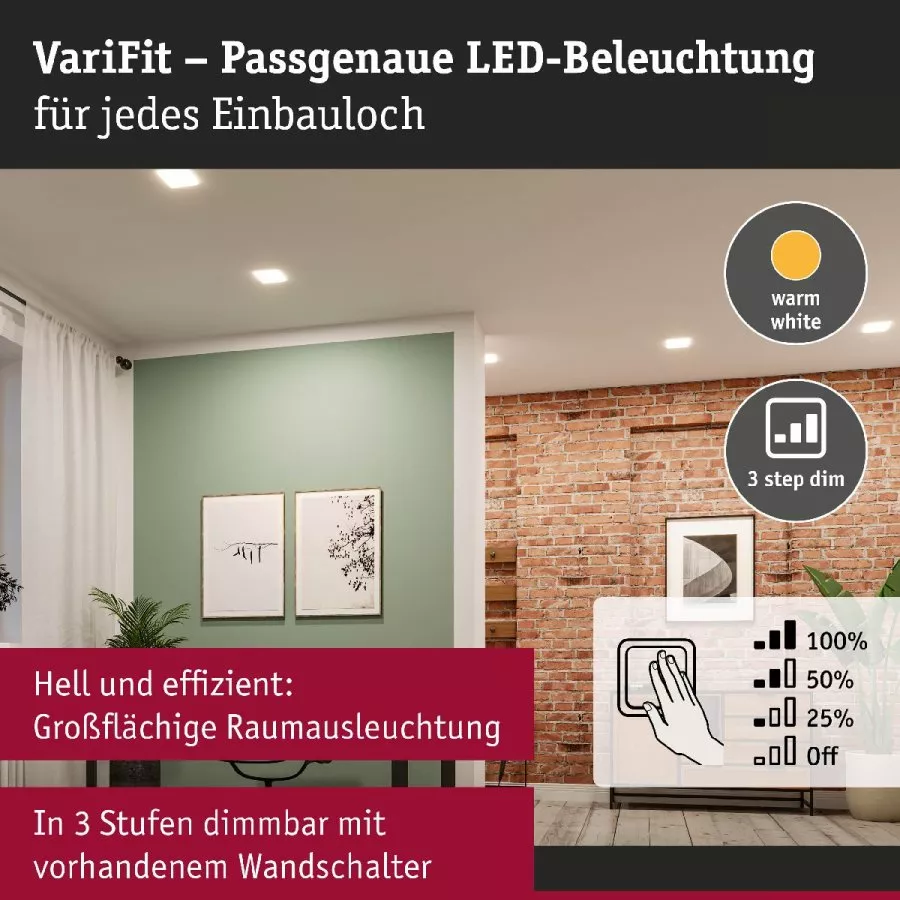 Paulmann 93062 LED Einbaupanel Veluna VariFit IP44 3-Stufen-dimmbar eckig 215x215mm 21W 3000K Satin