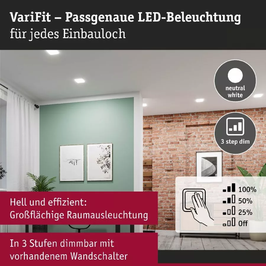 Paulmann 93065 LED Einbaupanel Veluna VariFit IP44 3-Stufen-dimmbar eckig 185x185mm 17,5W 4000K Satin