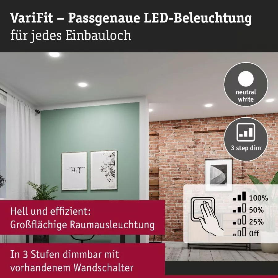 Paulmann 93067 LED Einbaupanel Veluna VariFit IP44 3-Stufen-dimmbar rund 185 17,5W 4000K Satin