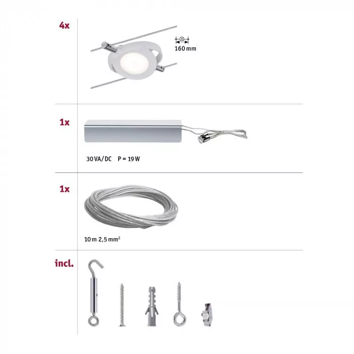 Paulmann 94105 LED Seilsystem RoundMac Basisset 4x200lm 4x4W 2700K 230/12V Weiß matt