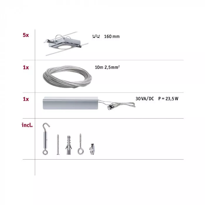 Paulmann 94108 LED Seilsystem MacLED Basisset 5x200lm 5x4W 2700K 230/12V Chrom matt