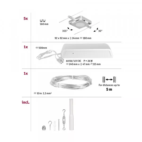 Paulmann 94420 CorDuo LED Seilsystem MacLED Basisset 5x250lm 5x4,5W 3000K 230/12V Chrom matt/Chrom