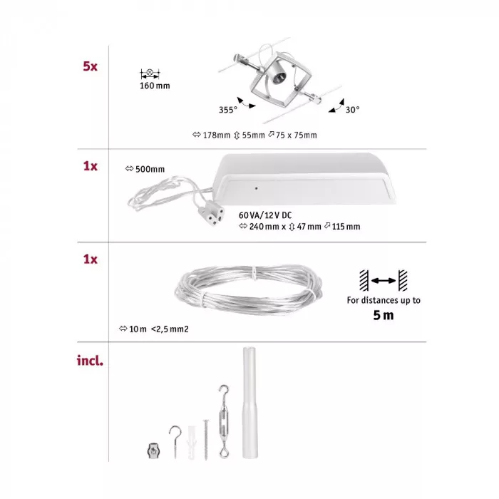 Paulmann 94430 CorDuo Seilsystem Mac II Basisset GU5,3 max. 5x10W 230/12V Chrom matt