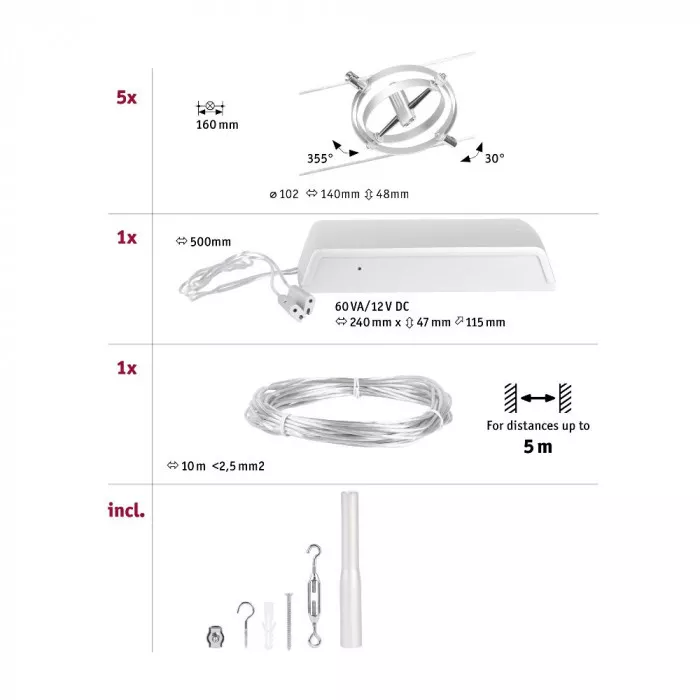 Paulmann 94436 CorDuo Seilsystem Cardan Basisset GU5,3 max. 5x10W 230/12V Chrom matt