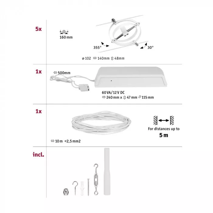 Paulmann 94438 CorDuo Seilsystem Cardan Basisset GU5,3 max. 5x10W 230/12V Weiß matt/Chrom
