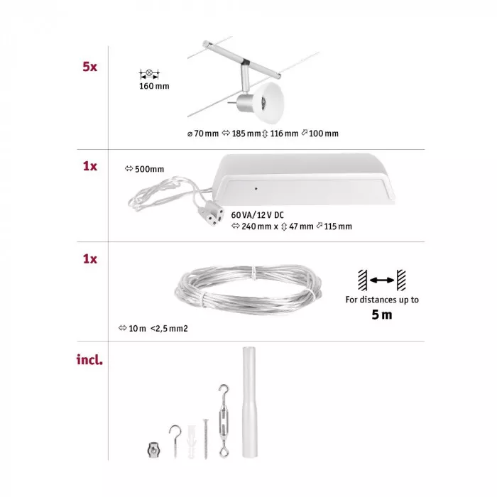 Paulmann 94448 CorDuo Seilsystem Sheela Basisset GU5,3 max. 5x10W 230/12V Chrom matt