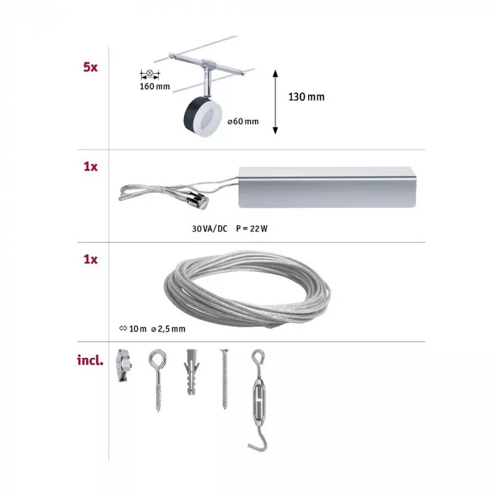 Paulmann 94457 CorDuo LED Seilsystem ClearLED Basisset 5x150lm 5x4W 2700K 230/12V Schwarz/Chrom