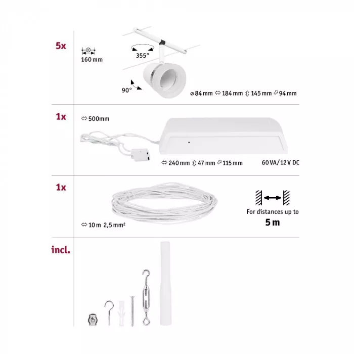 Paulmann 94461 CorDuo Seilsystem Cone Basisset GU5,3 max. 5x10W 230/12V Weiß matt/Chrom