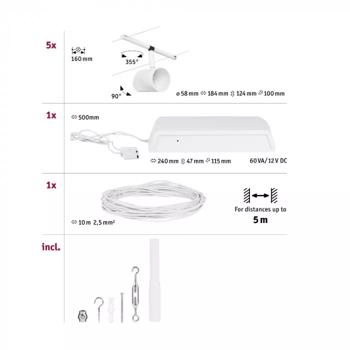 Paulmann 94467 CorDuo Seilsystem Cup Basisset GU5,3 max. 5x10W 230/12V Weiß matt/Chrom