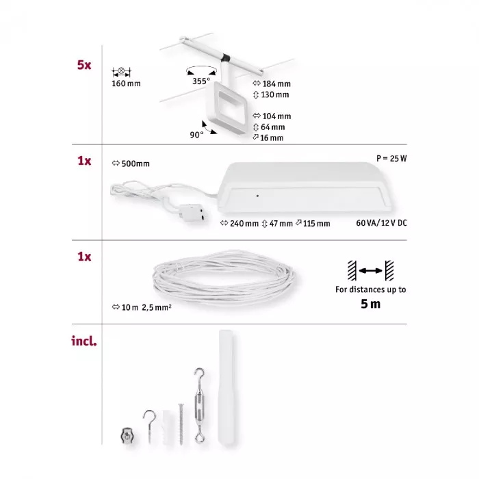 Paulmann 94483 CorDuo LED Seilsystem Frame Basisset 5x280lm 5x4,8W 3000K 230/12V Weiß matt/Chrom