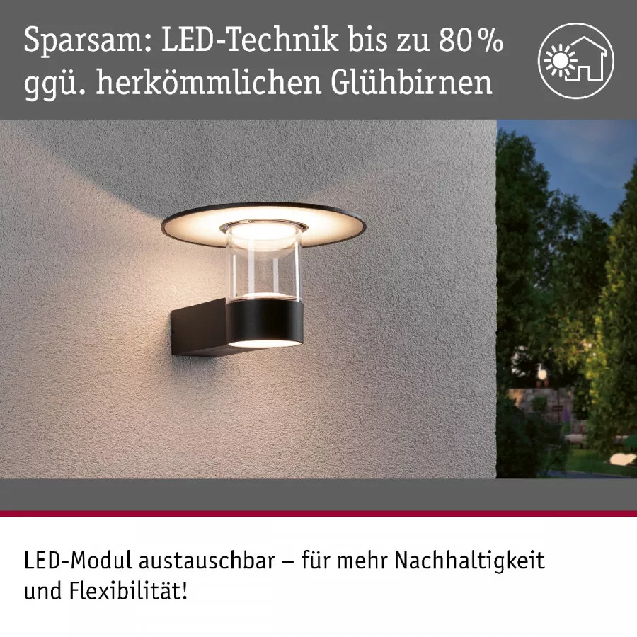 Paulmann 94834 LED Außenwandleuchte Sienna Bewegungsmelder mit Hochfrequenz-Sensor seewasserresistent IP44 212mm 3000K 9 / 1x3W 500lm 230V Anthrazit Aluminium