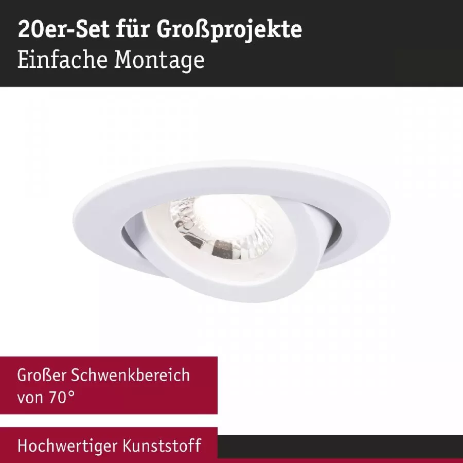 Paulmann 99997 LED Einbauleuchte 20er-Pack schwenkbar rund 82mm 70° 20x4,8W 20x450lm 230V 3000K Weiß matt