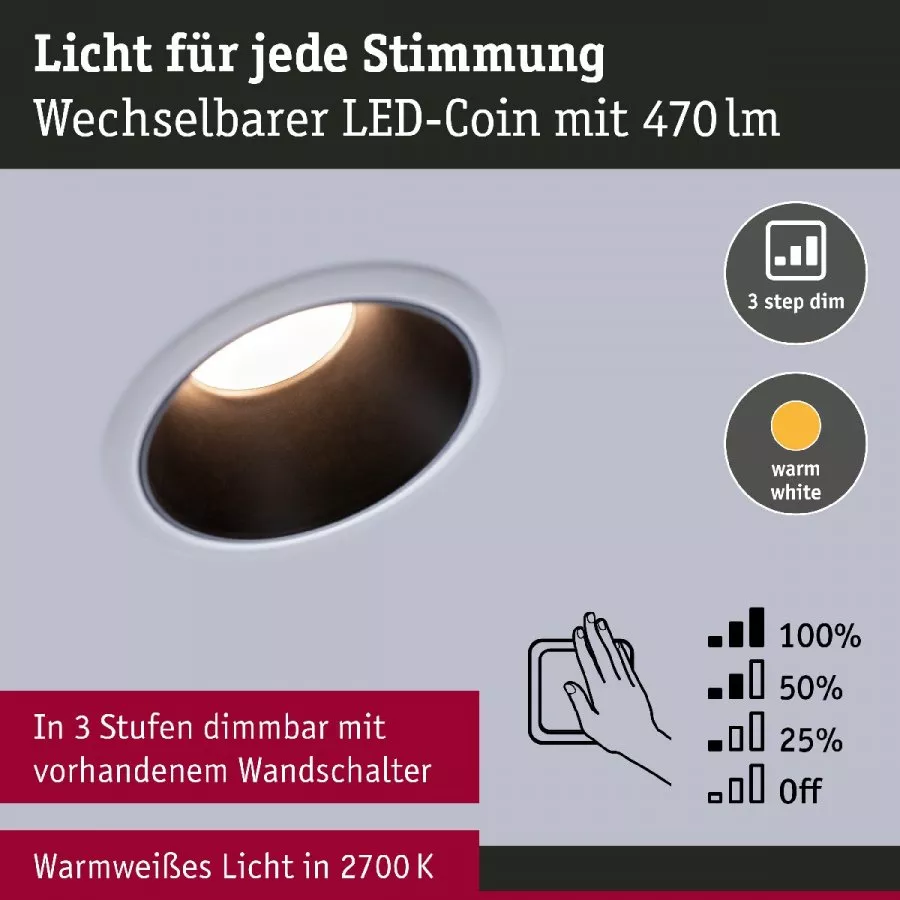 Paulmann 93401 Einbauleuchte LED Cole 6,5W Weiß/Schwarz matt 3-Stufen-dimmbar 2700K Warmweiß