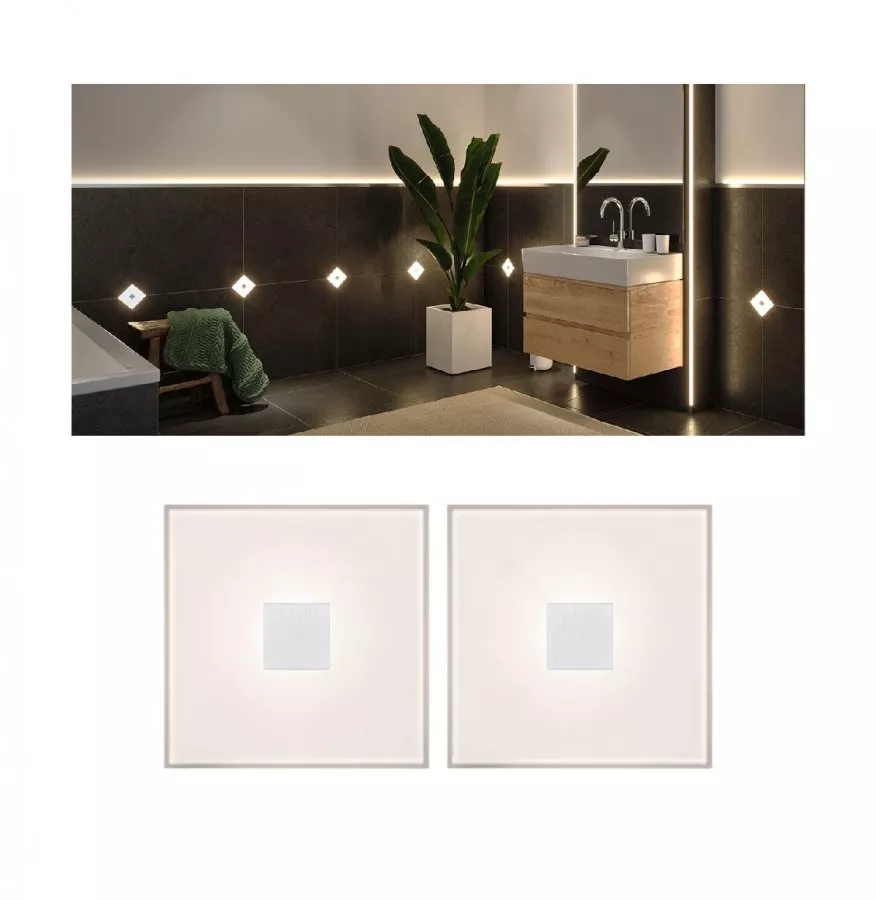 Paulmann 78401 LumiTiles LED Fliesen Square 2er-Set IP44 100x10mm 2x70lm 230/12V 2x0,8W 2700K Weiß Kunststoff/Aluminium