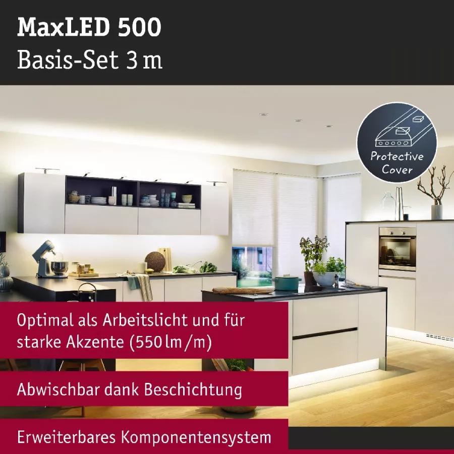 Paulmann 70666 MaxLED 500 LED Strip Warmweiß Basisset 3m beschichtet IP44 18W 440lm/m 2700K 36VA