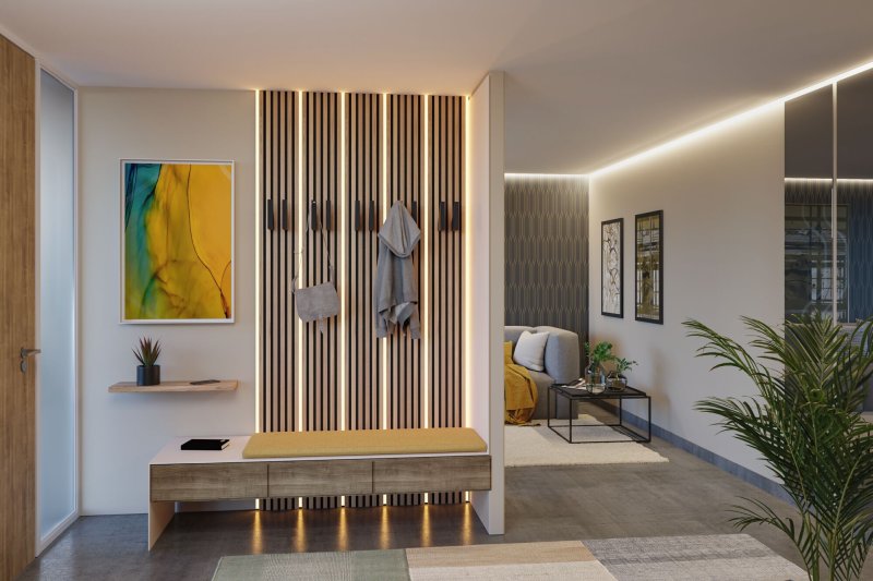 Wohnzimmer mit indirekter LED-Beleuchtung an M�beln und Wand