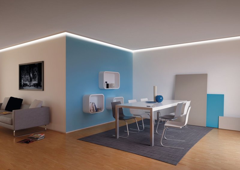 Indirekte Wohnzimmerbeleuchtung mit LED-Strips und Profilen