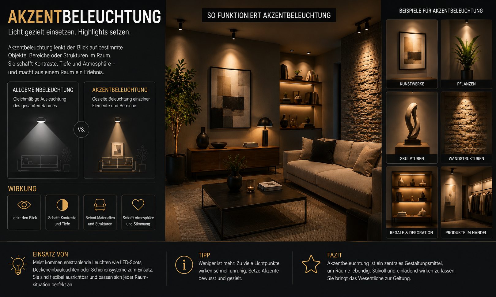 Akzentbeleuchtung einfach erkl�rt mit LED-Spot, Bild, Pflanze, Regal, Produktbeleuchtung und Lichtkonzept