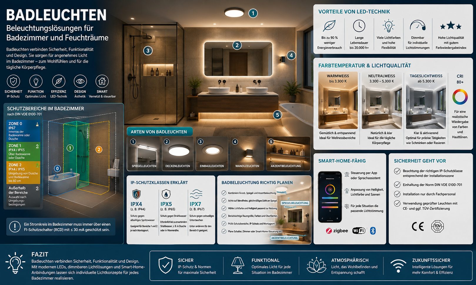 Badleuchten und Schutzbereiche im Badezimmer einfach erkl�rt mit IP-Schutz, Spiegellicht und Deckenleuchte