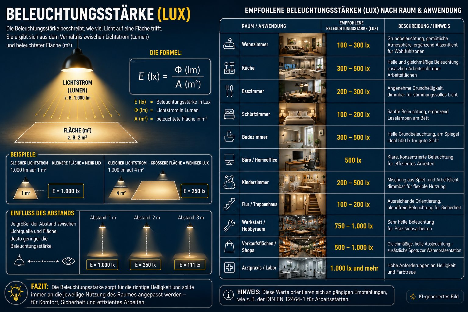 Beleuchtungsst�rke als lichttechnische Planungsgr��e mit Lichtstrom, Fl�che, Abstand und Lichtverteilung