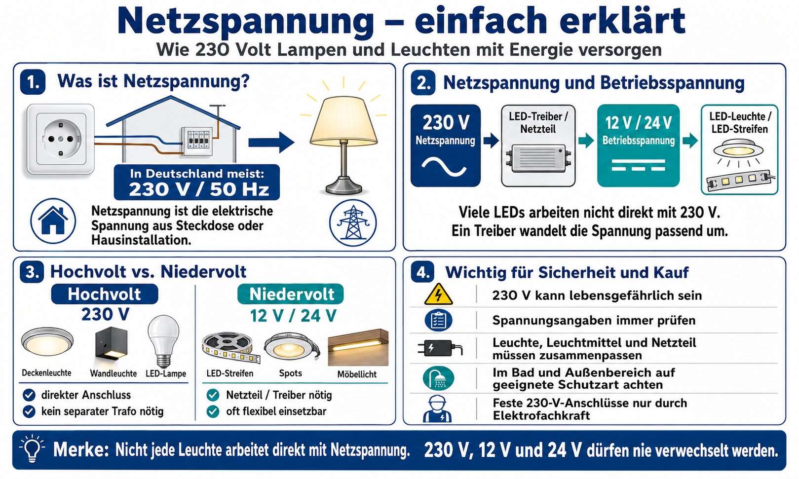 Netzspannung einfach erkl�rt: 230 Volt, Betriebsspannung, Hochvolt und Niedervolt bei Lampen und Leuchten