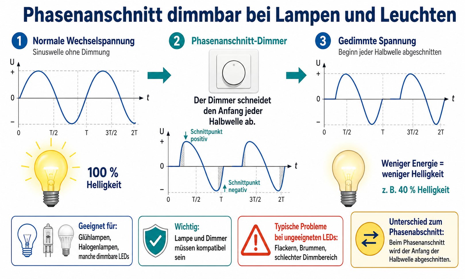 Phasenanschnitt dimmbar bei Lampen und Leuchten