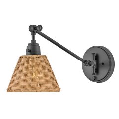 Elstead Lighting Arti Wandleuchte 1-flammig E27 Schwarz mit naturfarbenem Rattanschirm
